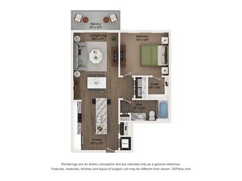 Floor plan for 1 bed, 1 bath, 789 sqft